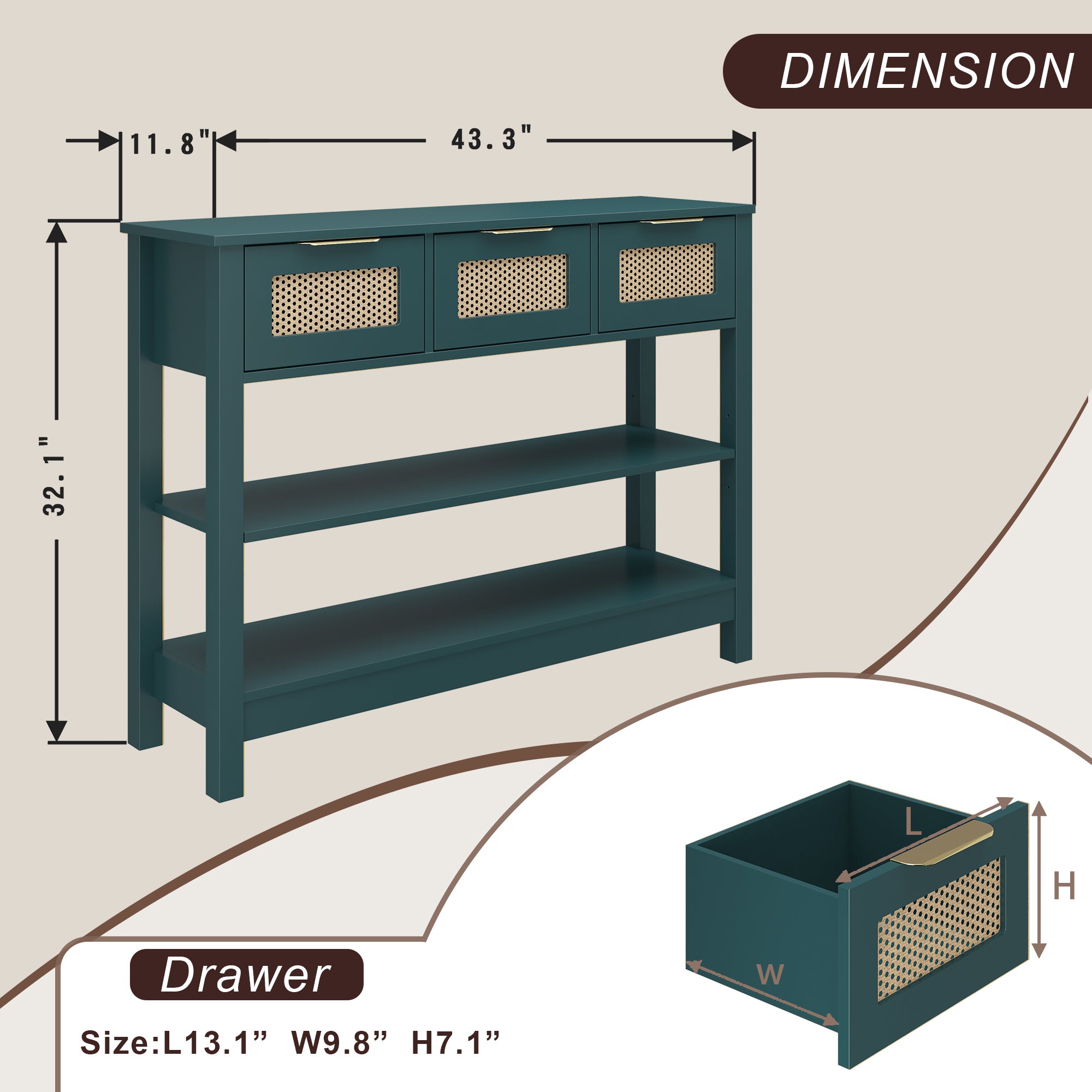 Dimension diagram of farmhouse console table showing overall size and drawer measurements. MDF build with rattan accents and open shelves.