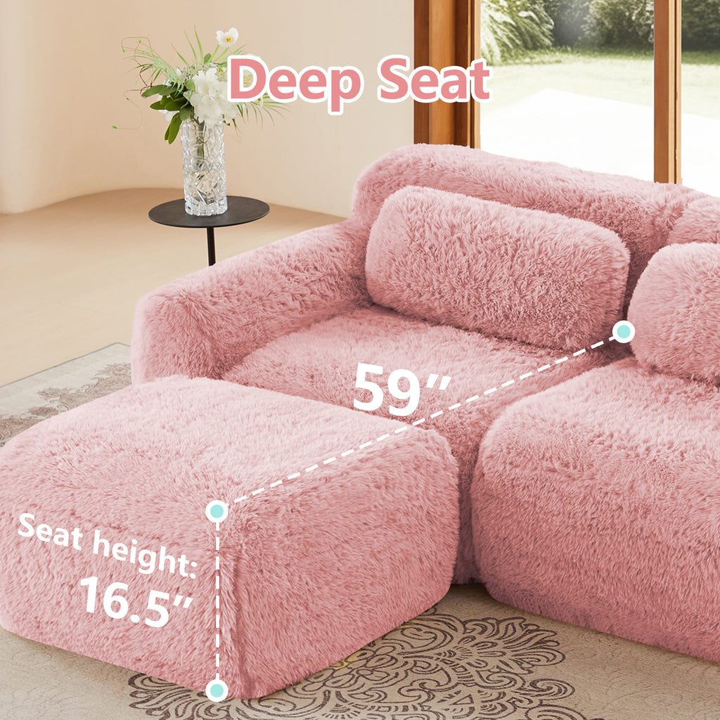 Deep seat measurement of pink plush modular sofa with 59-inch depth and 16.5-inch height. Ideal for lounging and relaxation.
