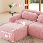 Deep seat measurement of pink plush modular sofa with 59-inch depth and 16.5-inch height. Ideal for lounging and relaxation.