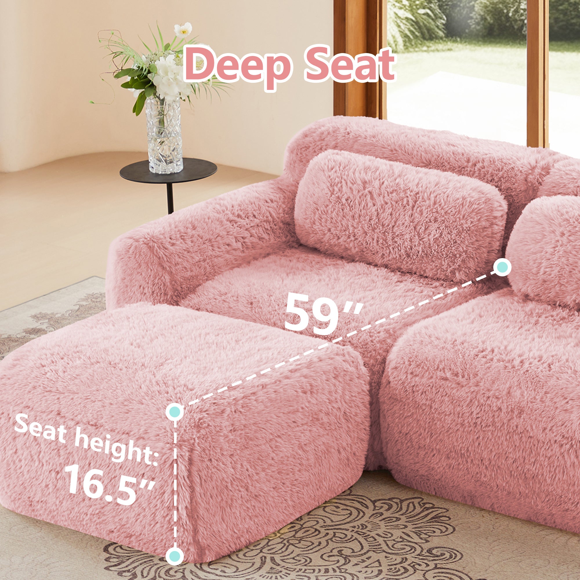 Deep seat measurement of pink plush modular sofa with 59-inch depth and 16.5-inch height. Ideal for lounging and relaxation.