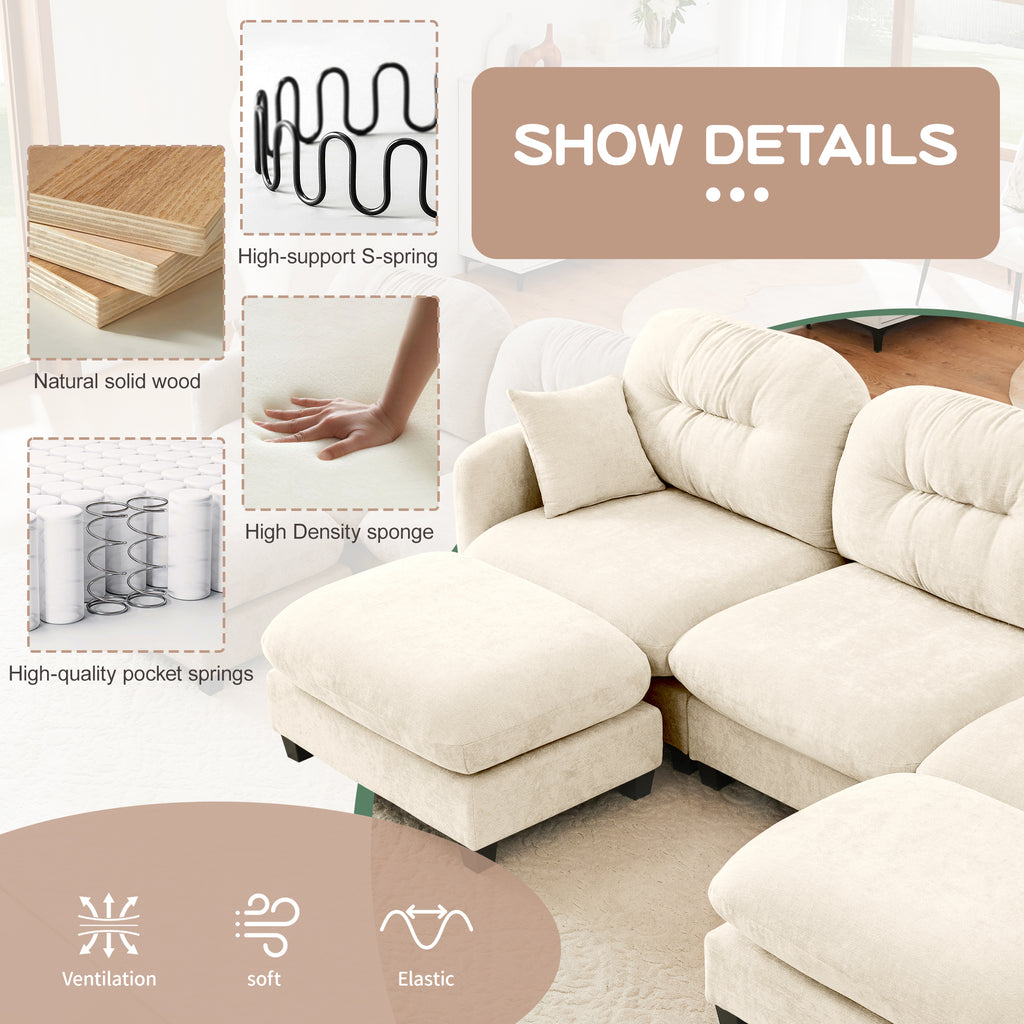 Interior structure of modular L-shaped sofa with chenille fabric, featuring solid wood, S-spring, pocket springs, and high-density sponge.