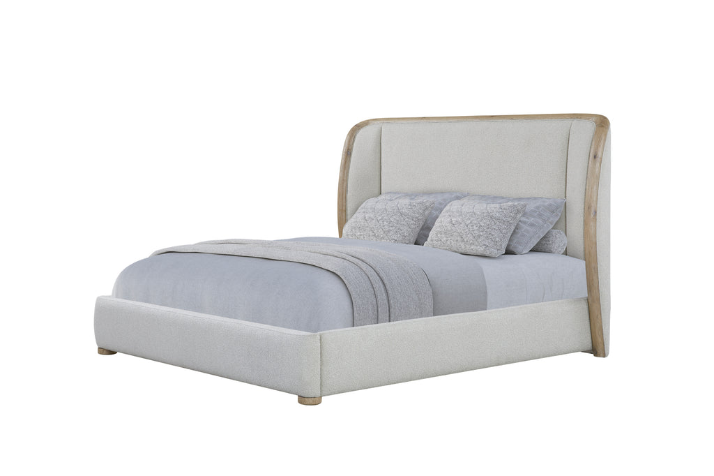 Angled view of Upholstered Queen Bed - Pine Finish featuring curved wood frame and plush bedding for a cozy, modern look.
