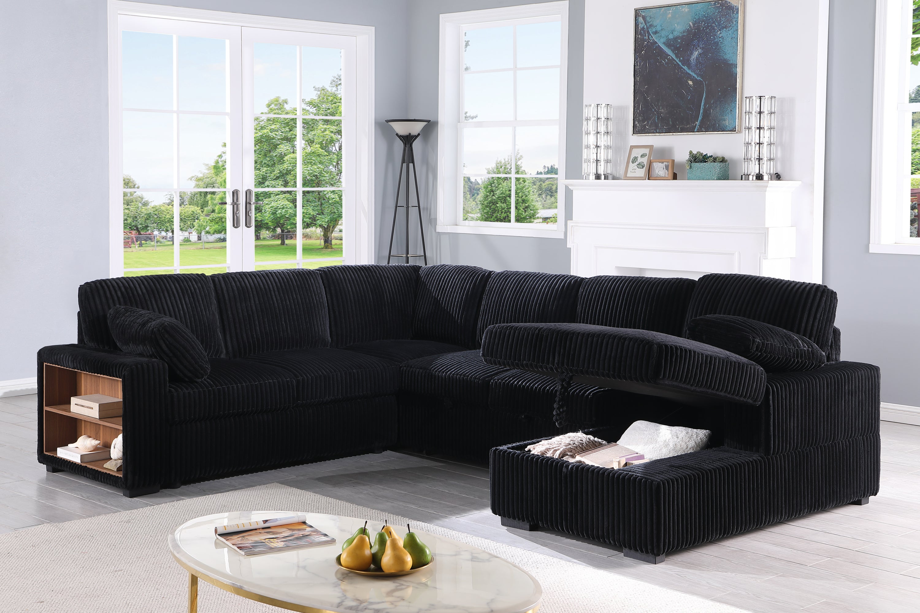 Corduroy sectional sleeper sofa with lift-up chaise storage and built-in shelf, combining style, comfort, and hidden storage solutions.