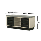 Shoe cabinet with sliding doors, upholstered top, and oak finish, shown with dimensions 38.5x13x17.5 inches for compact storage.