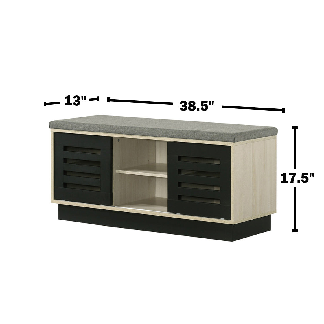 Shoe cabinet with sliding doors, upholstered top, and oak finish, shown with dimensions 38.5x13x17.5 inches for compact storage.
