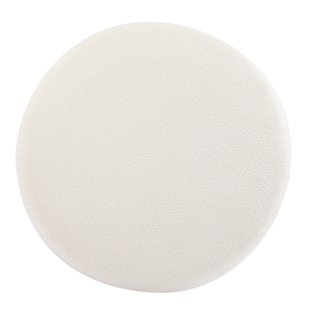 Modish Round Ottoman with Boucle Top and Natural Wood Legs.