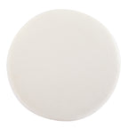 Modish Round Ottoman with Boucle Top and Natural Wood Legs.
