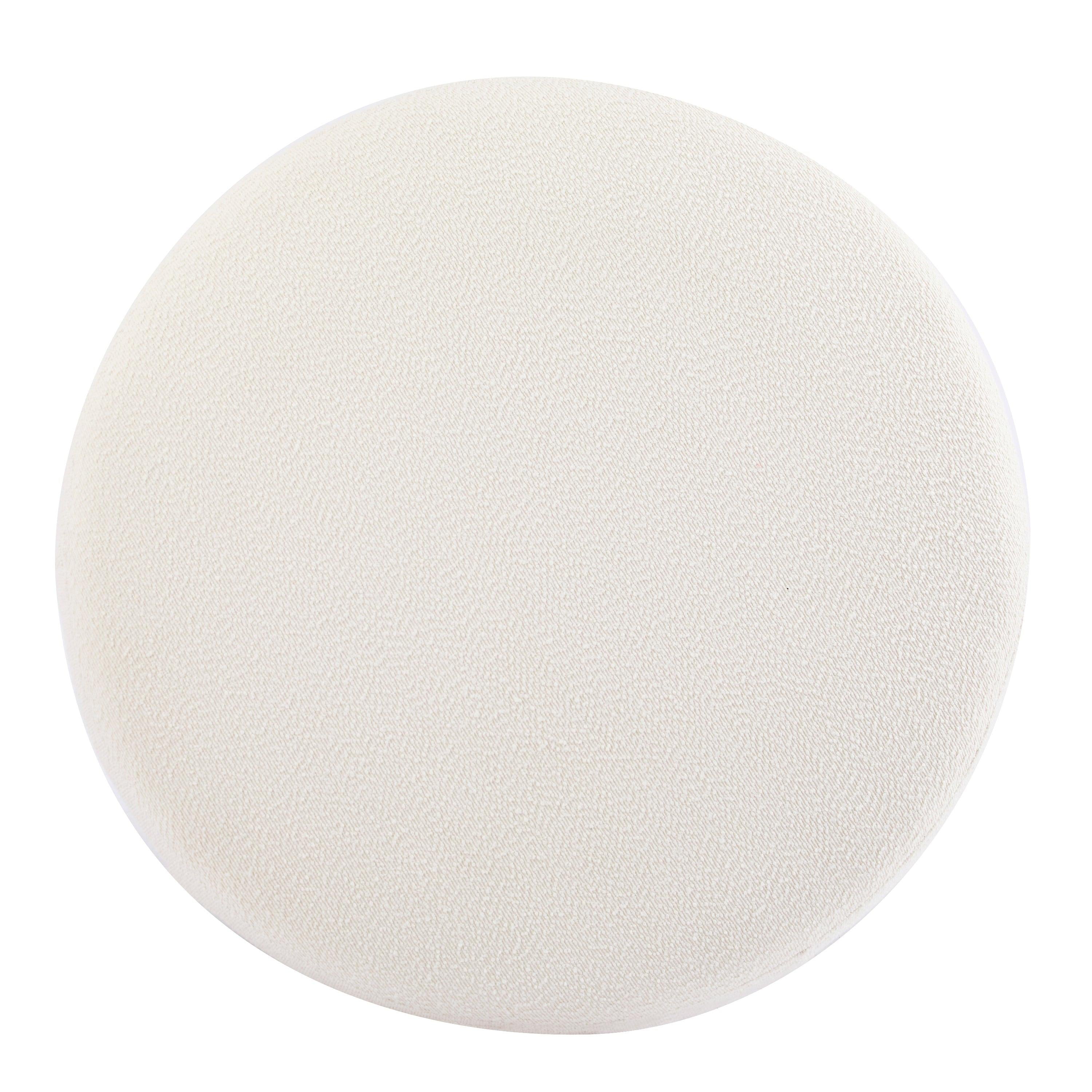Modish Round Ottoman with Boucle Top and Natural Wood Legs.