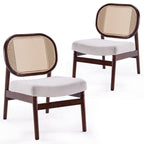 Rattan Accent Chair, Upholstered Living Room Chair with Rattan Back & Wood Frame, Mid-Century Modern Reading Chair for Living Room, Bedroom, Beige.