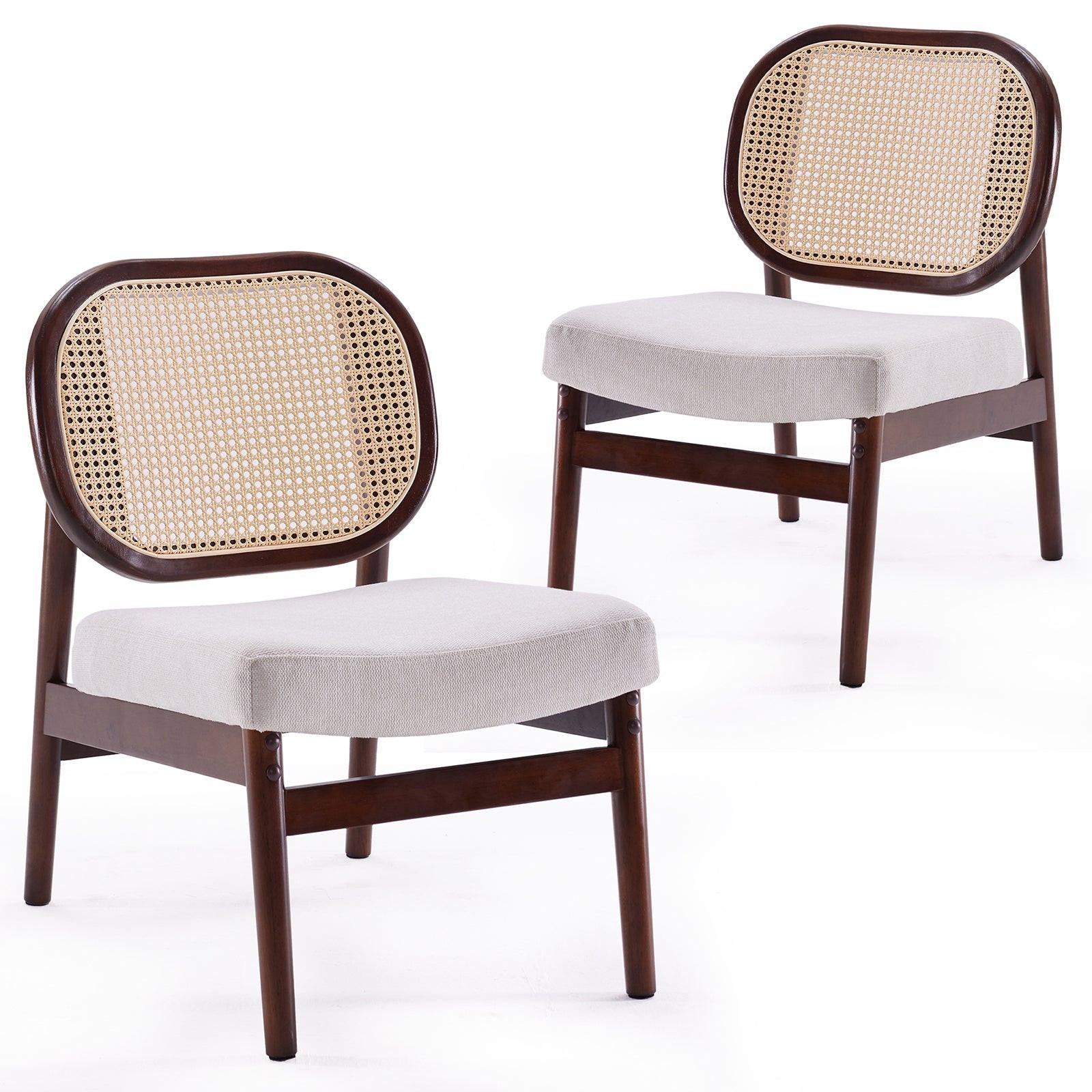 Rattan Accent Chair, Upholstered Living Room Chair with Rattan Back & Wood Frame, Mid-Century Modern Reading Chair for Living Room, Bedroom, Beige.