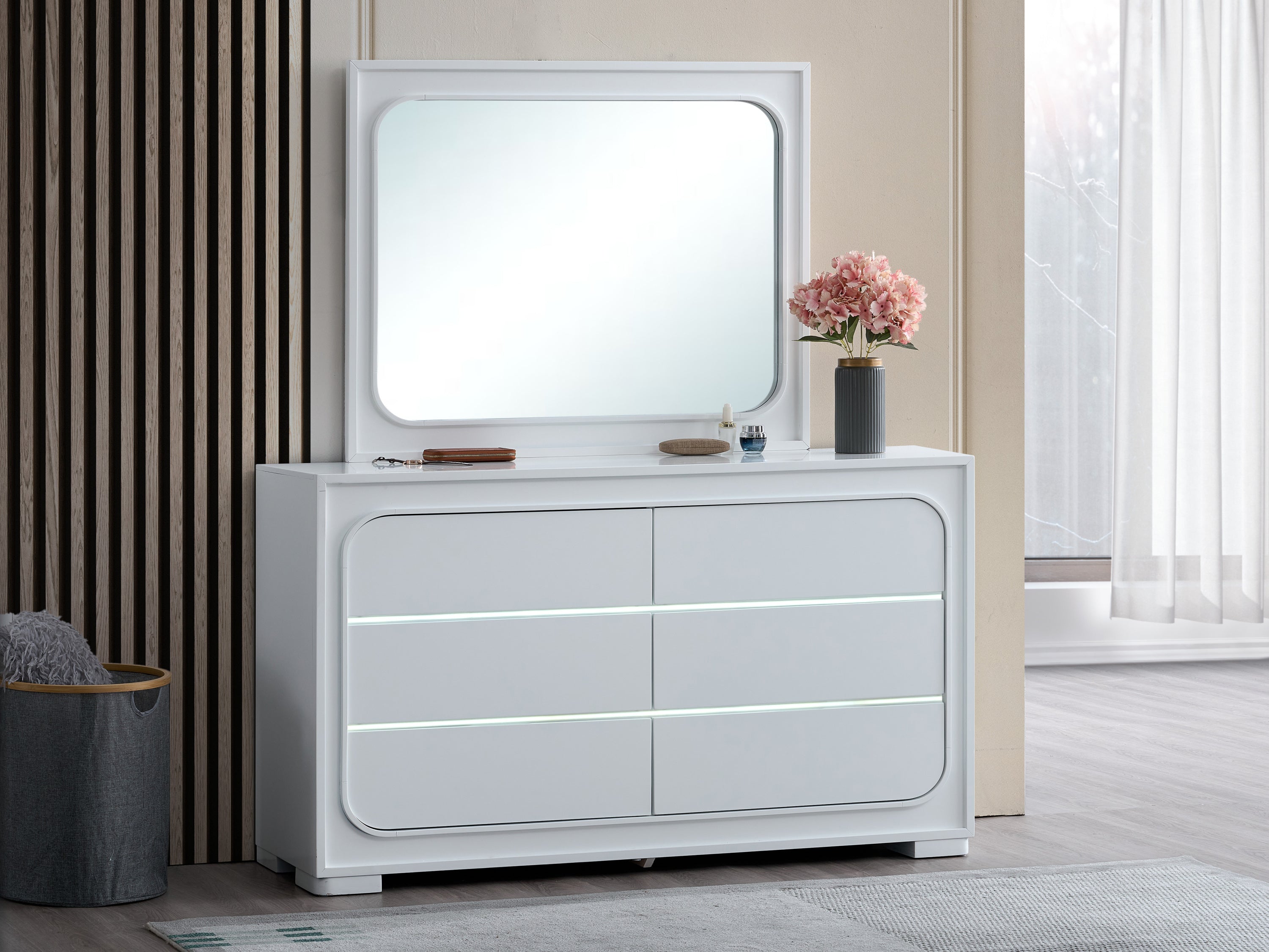 Milan 61-Inch Modern Wood Dresser in White with LED Accent Lighting