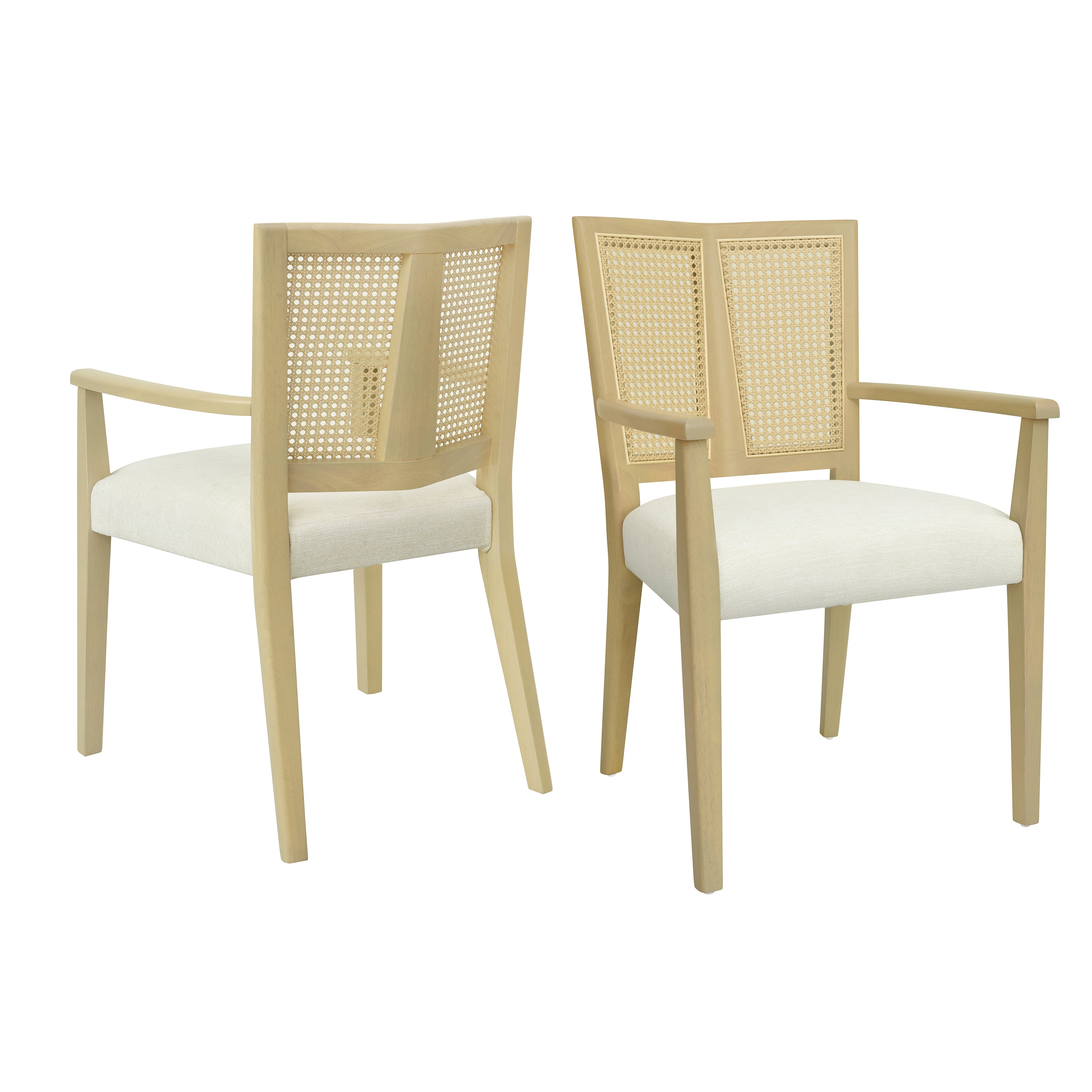 Modern dining chair set with rattan back and foam seat in light wood finish, showcasing mid-century style and durable construction.