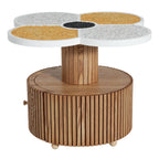 Side table with flower-shaped terrazzo top and cylindrical wood-grain base, blending artful design with functional storage.