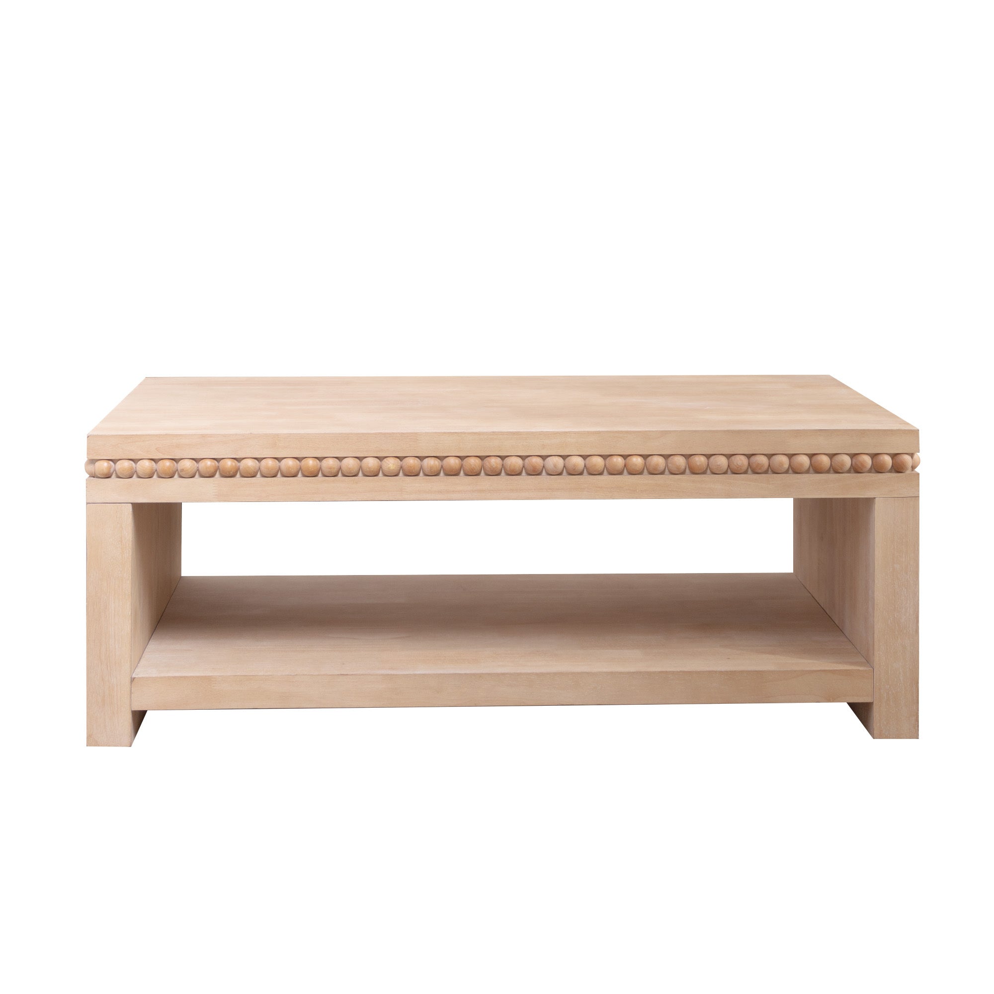 Front view of rectangular wood coffee table with open shelf and decorative beaded trim in a light natural finish.