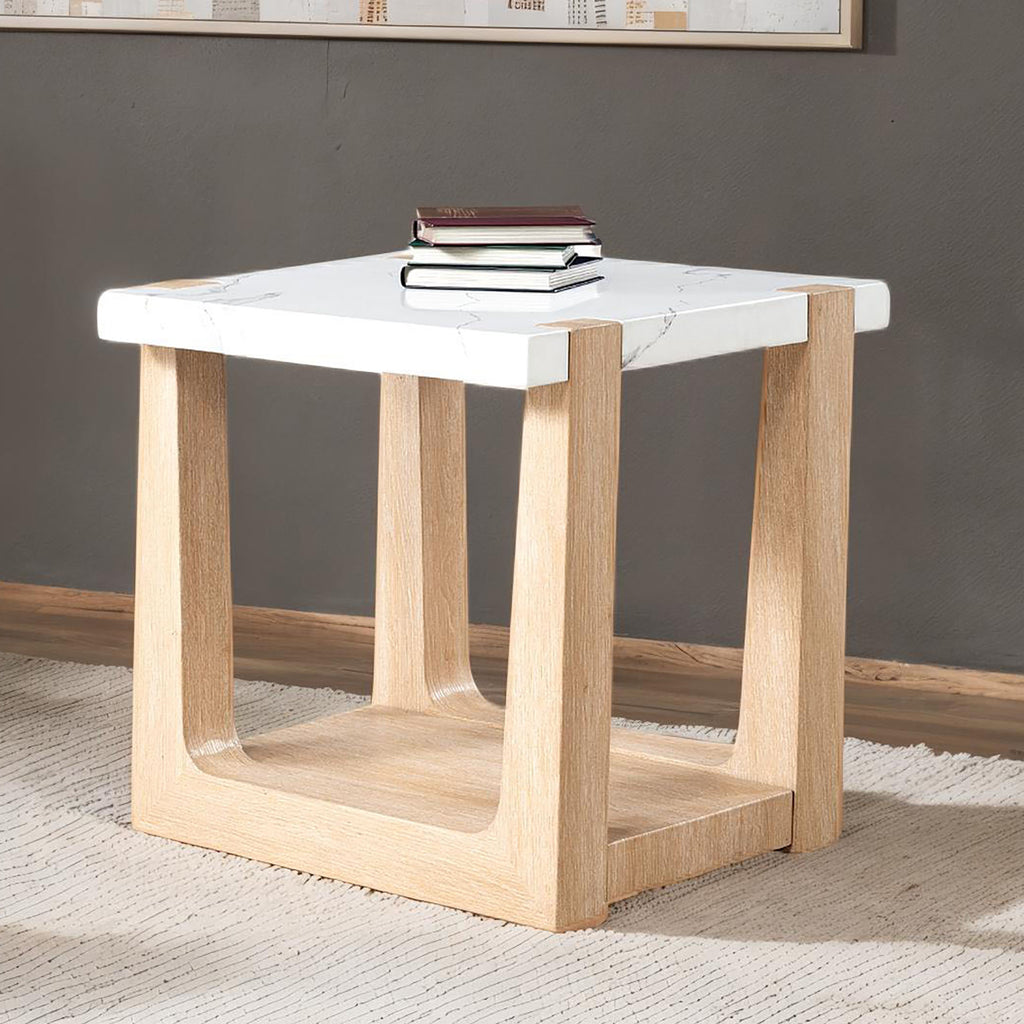 Contemporary faux marble end table with two-tone natural finish, perfect for living rooms, made of MDF and rubberwood.