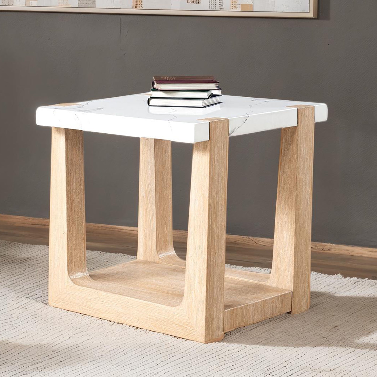 Contemporary faux marble end table with two-tone natural finish, perfect for living rooms, made of MDF and rubberwood.