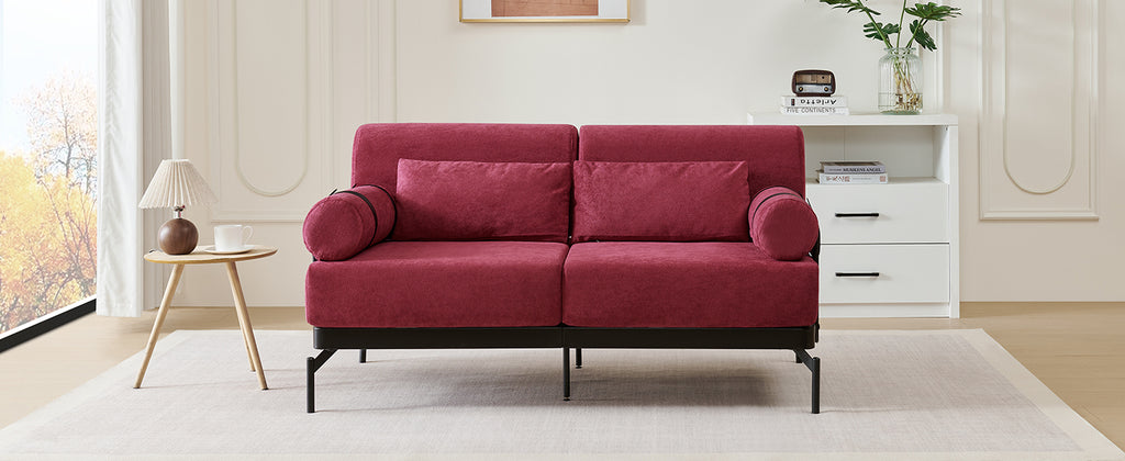 Modern Loveseat Sofa 59' Sofa Couch 2-Seater with USB Ports, Unique Cylindrical Armrests, Red Chenille