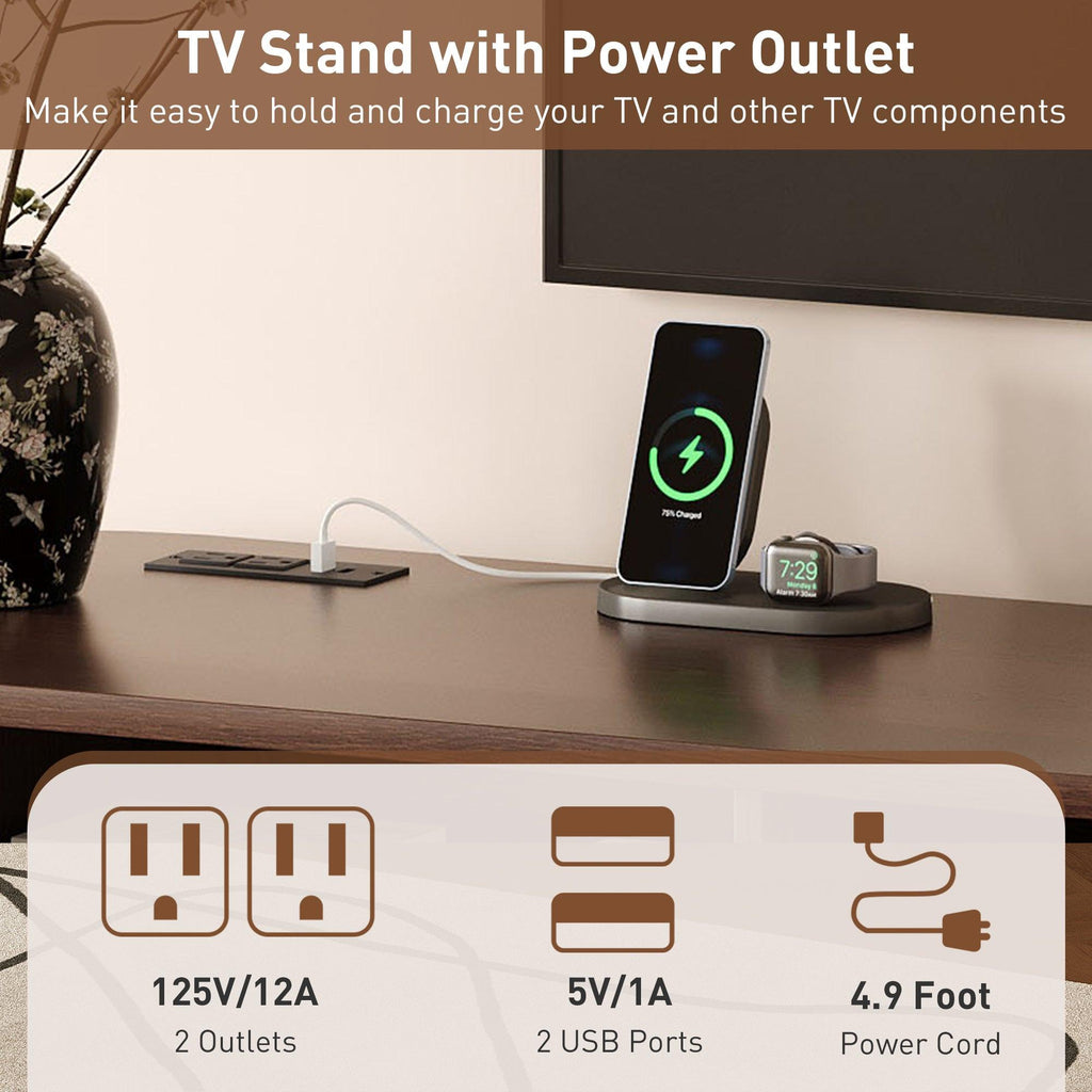 Mid Century Modern TV Stand for 70-Inch TVs with Power Outlet.
