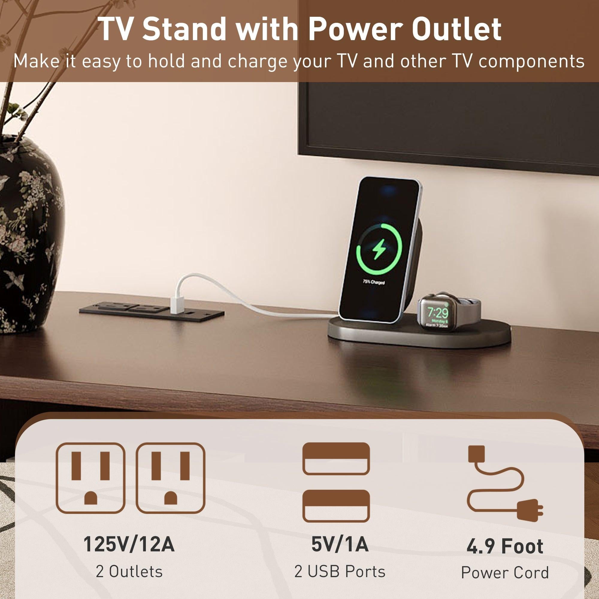 Mid Century Modern TV Stand for 70-Inch TVs with Power Outlet.