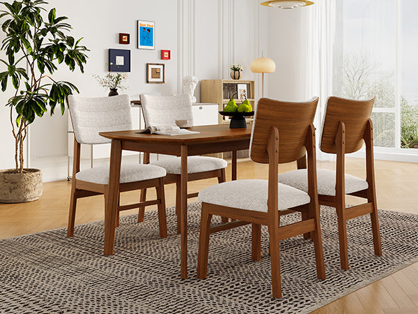 Side view of farmhouse dining table set with 4 upholstered chairs, showcasing ergonomic design and warm wood finish.