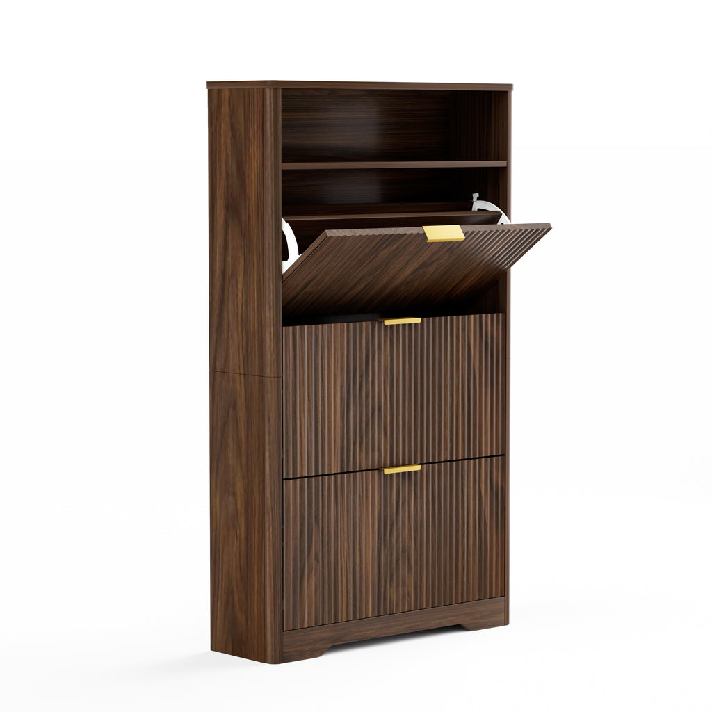 Walnut Shoe Cabinet with Flip Drawers for Entryway Storage