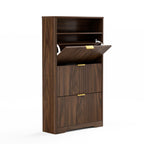 Walnut Shoe Cabinet with Flip Drawers for Entryway Storage