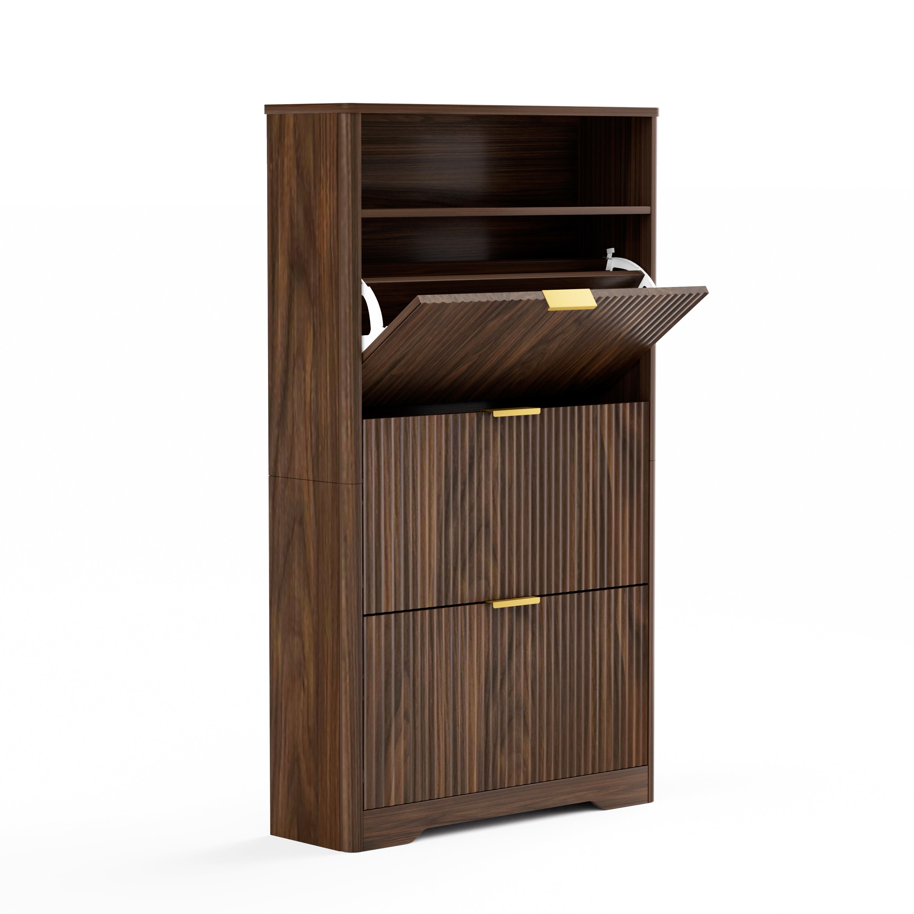 Walnut Shoe Cabinet with Flip Drawers for Entryway Storage