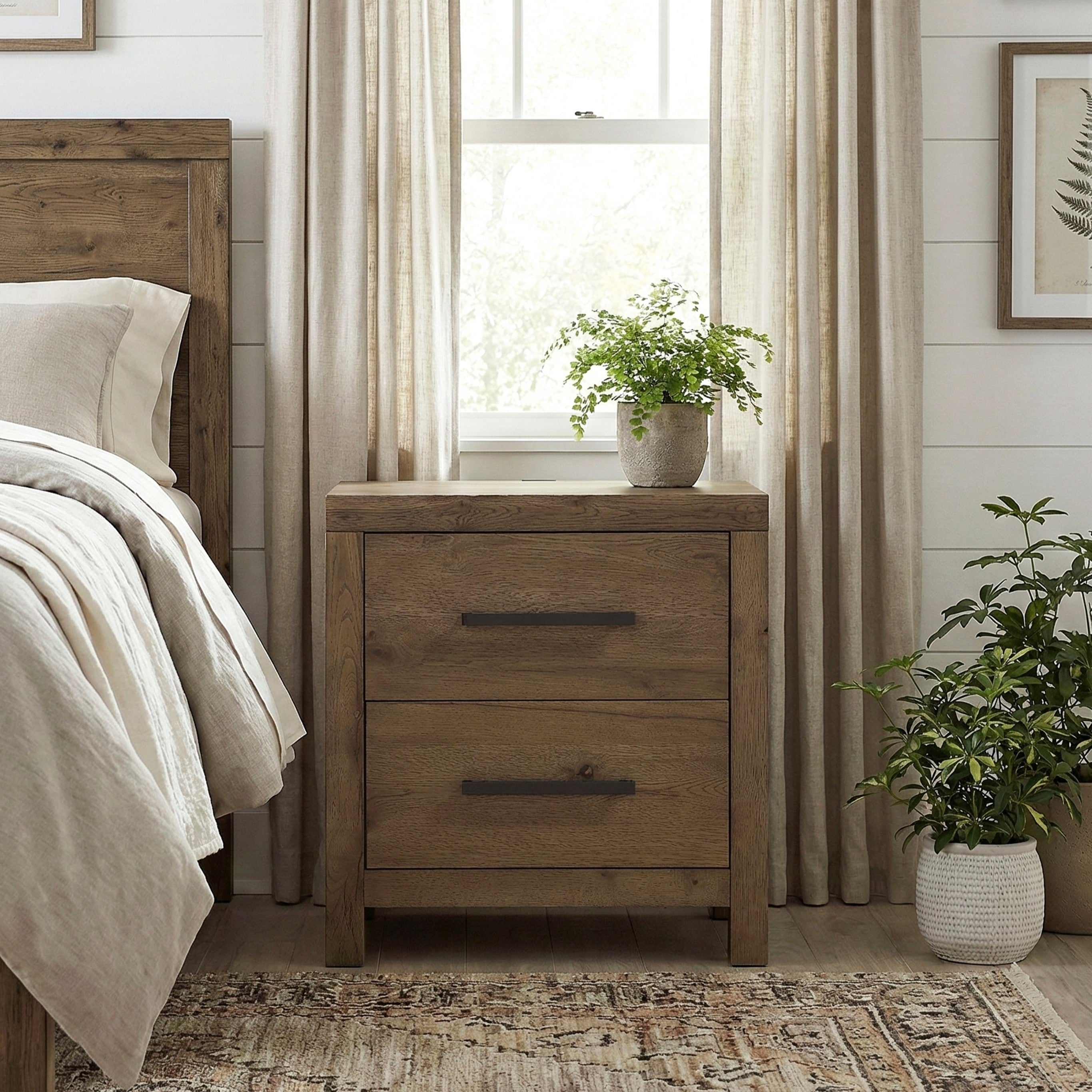 Rustic brown wood nightstand with two drawers, sleek black handles, and built-in charging ports in a bedroom setting.