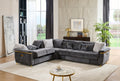 Contemporary gray sectional sofa with a wood frame, gold-toned stainless steel base, and textured plush upholstery.