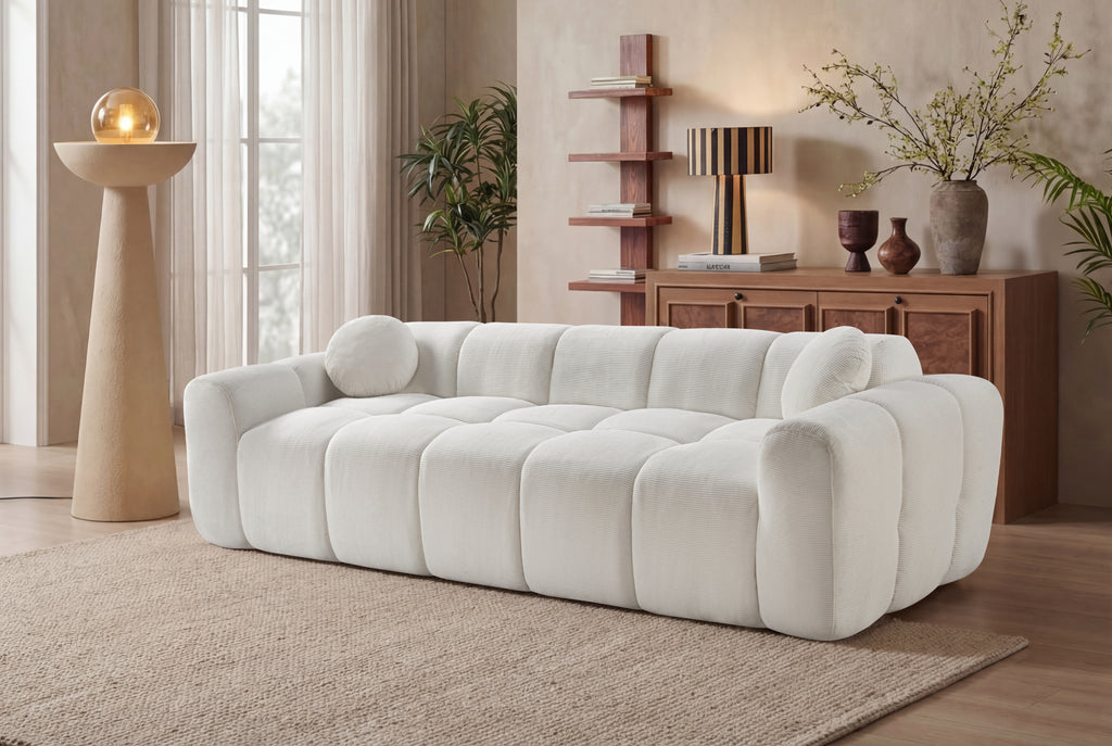 98-Inch White Corduroy 4-Seater Cloud Puff Sofa with Pillows
