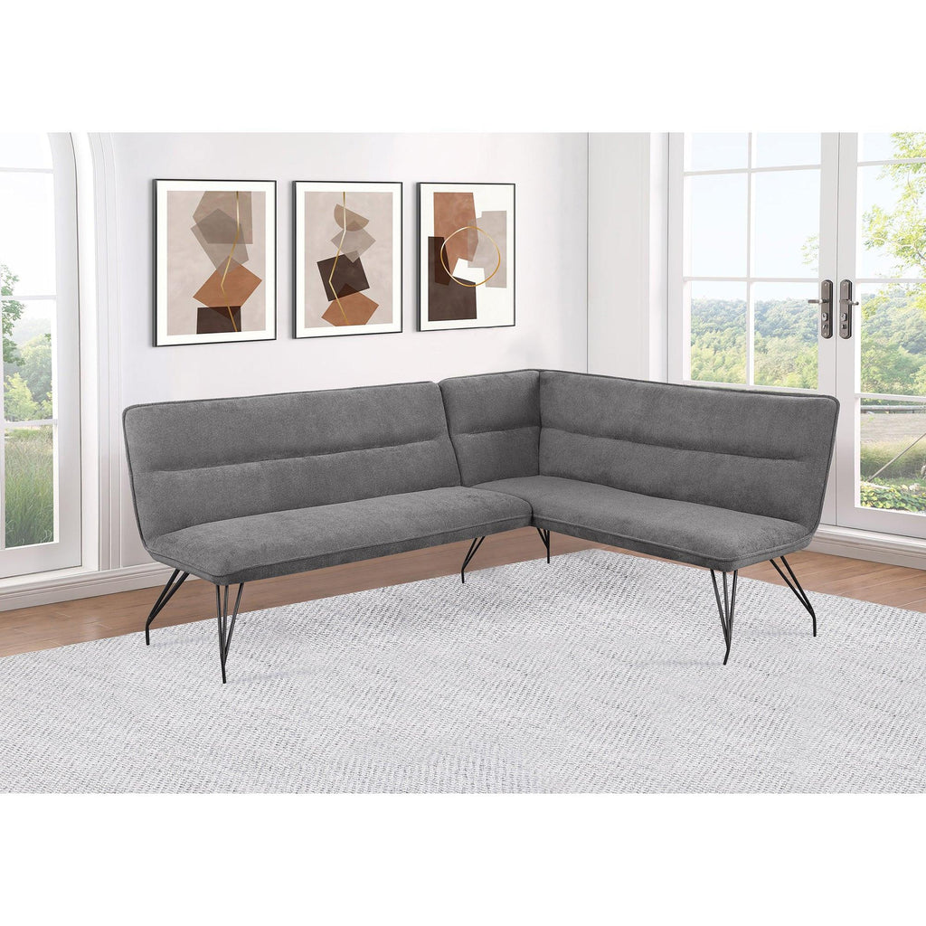 L-Shaped Dining Bench with Grey Upholstery and Retro Design.