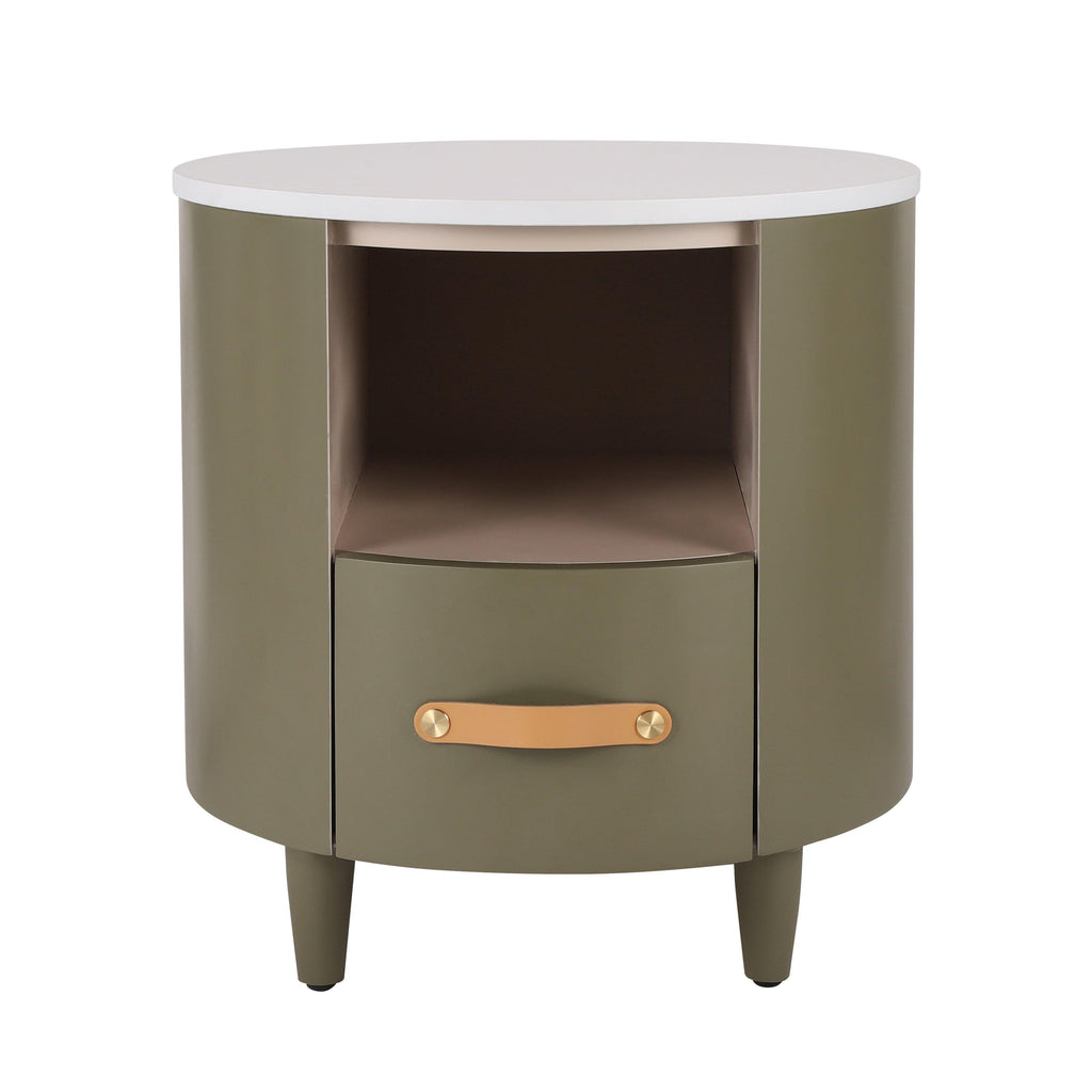Modern Round Nightstand with Storage Drawer & Shelf.