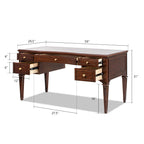 Executive Desk 5-Drawer Wood - Gold Accents with open drawers and detailed measurements for storage compartments.