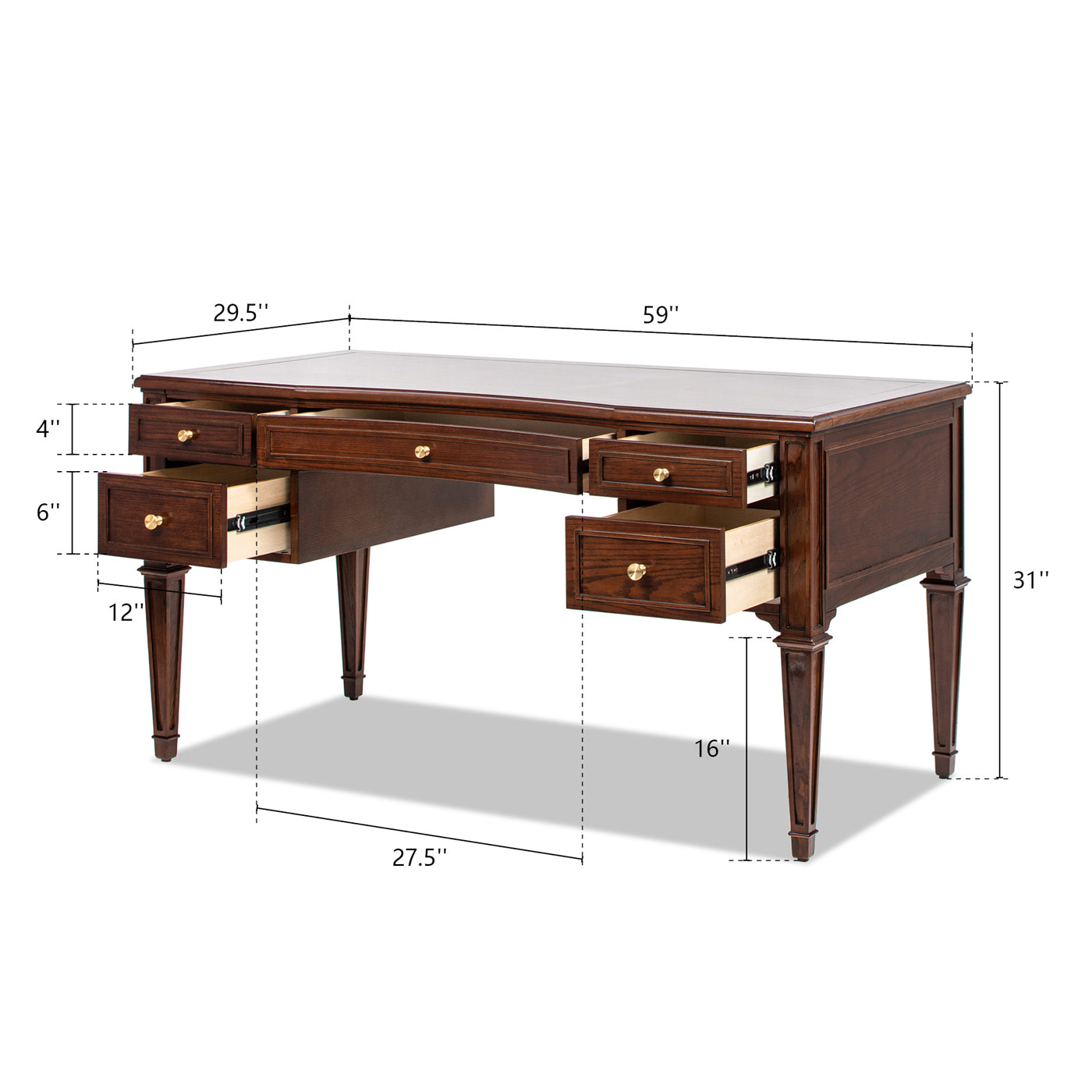 Executive Desk 5-Drawer Wood - Gold Accents with open drawers and detailed measurements for storage compartments.