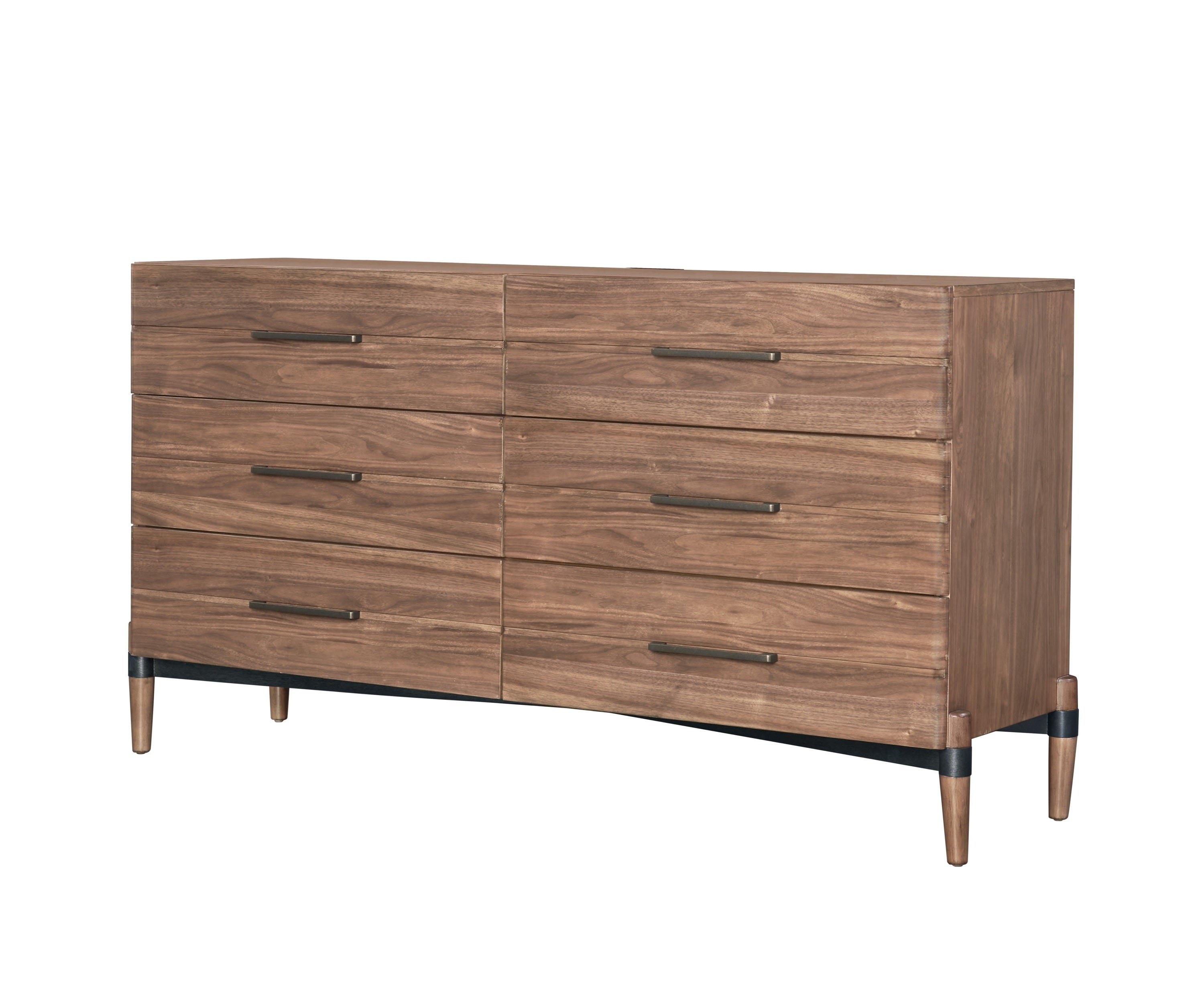 Angled view of walnut dresser with six drawers and tapered legs. Contemporary storage solution with no assembly required.