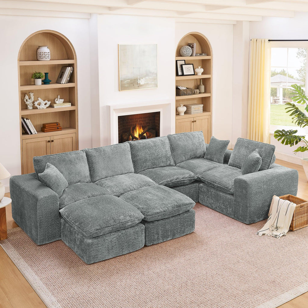 L-shaped Boucle Sectional Sofa with Moveable Ottomans.