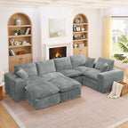 L-shaped Boucle Sectional Sofa with Moveable Ottomans.