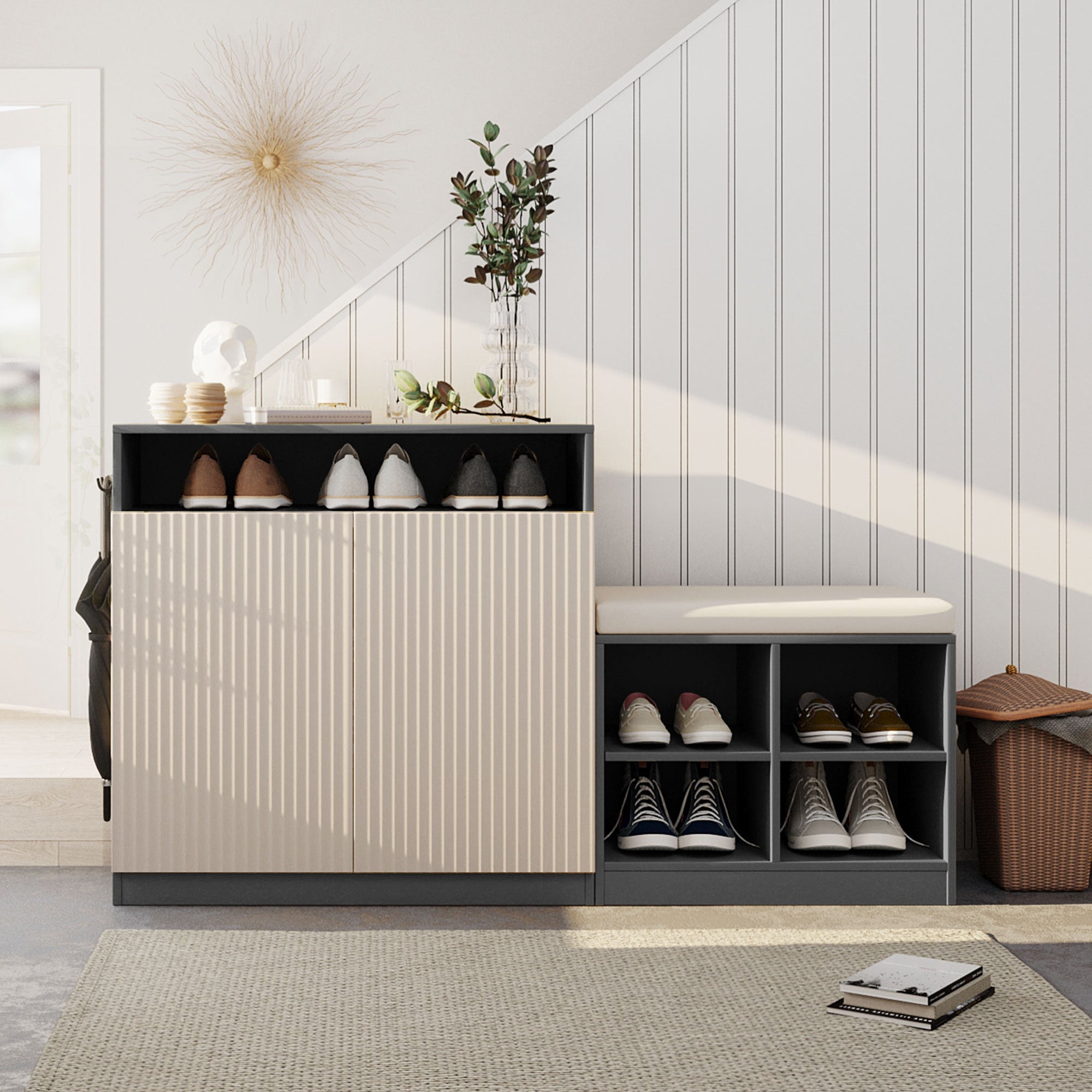Living room cabinet & shoe bench combo with adjustable shelves in modern entryway. Features cushioned seat and open shoe storage for small spaces.