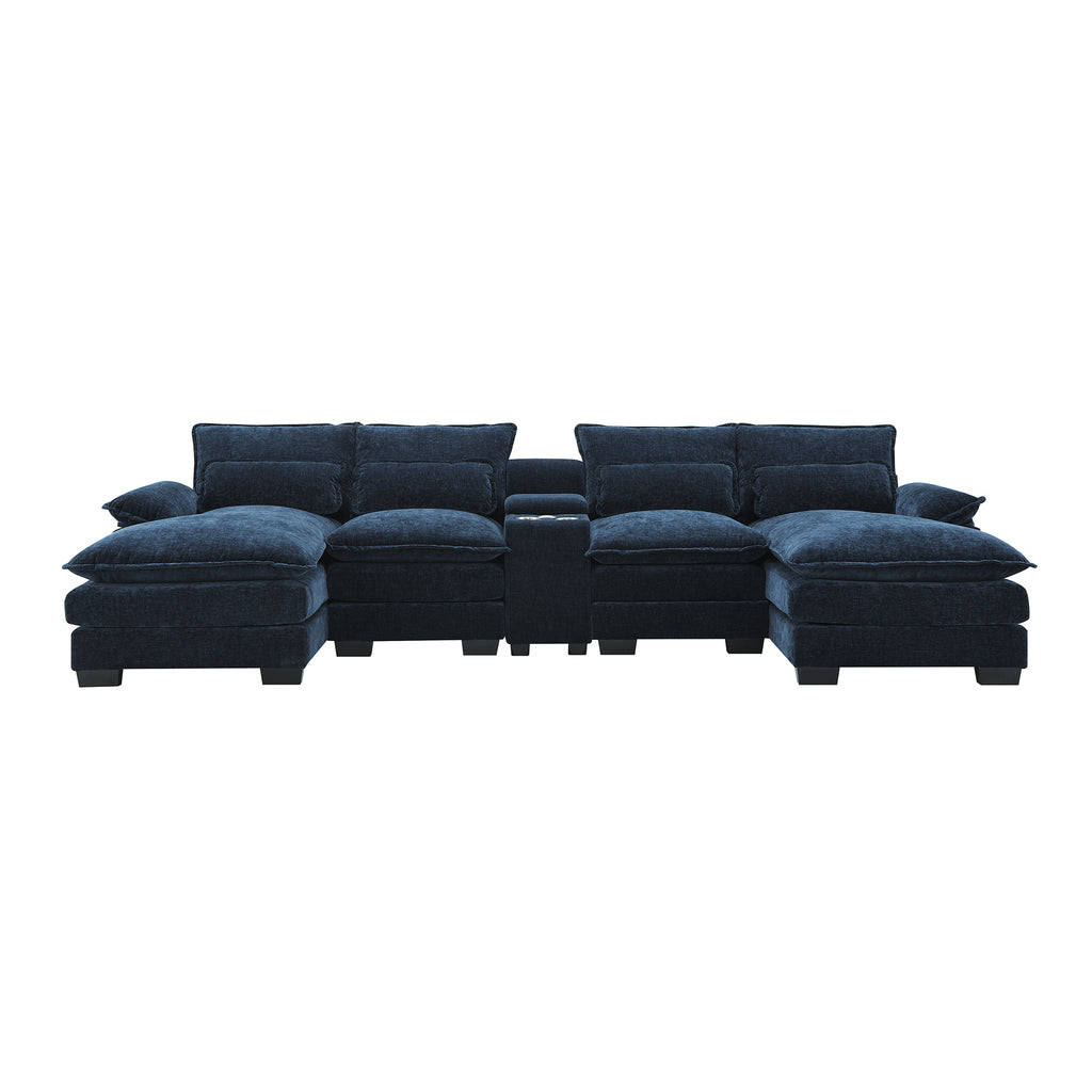 Straight-on view of U-shaped sectional sofa with USB charger and console, featuring navy chenille fabric and plush seating.
