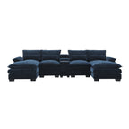 Straight-on view of U-shaped sectional sofa with USB charger and console, featuring navy chenille fabric and plush seating.