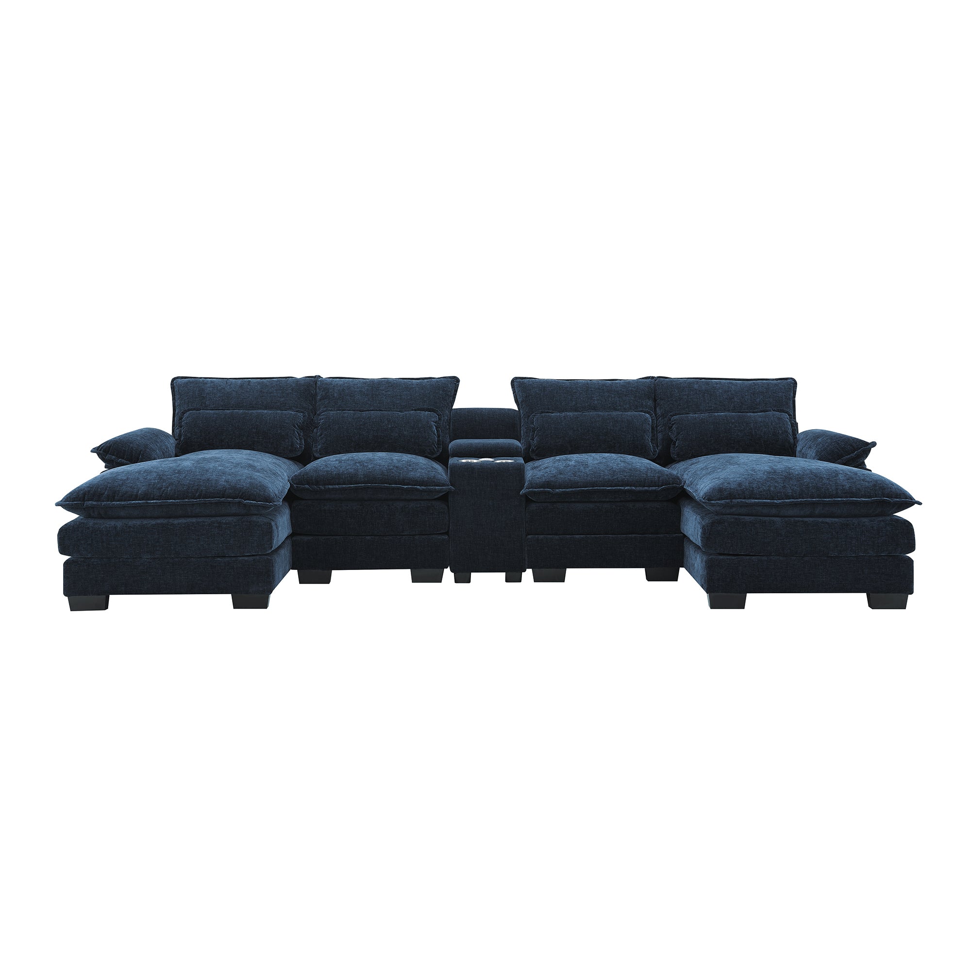 Straight-on view of U-shaped sectional sofa with USB charger and console, featuring navy chenille fabric and plush seating.