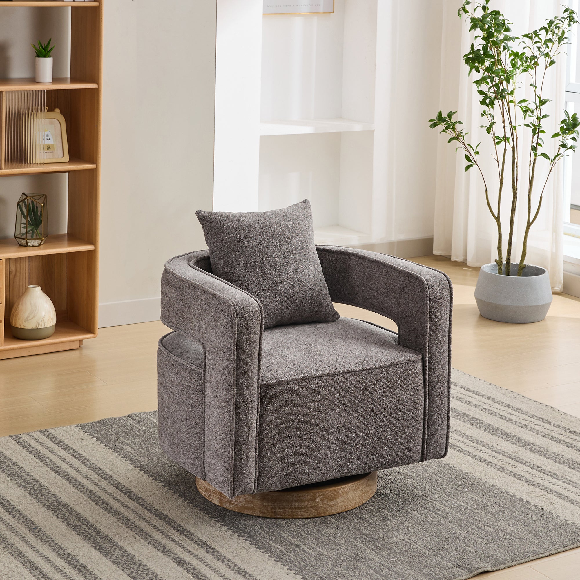 Contemporary Swivel Open Back Chair in gray linen blend, ideal for modern interiors with weathered wood base and cozy cushion.