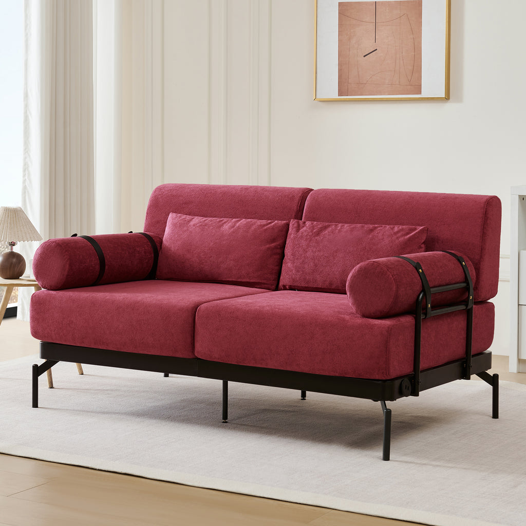 Modern Loveseat Sofa 59' Sofa Couch 2-Seater with USB Ports, Unique Cylindrical Armrests, Red Chenille
