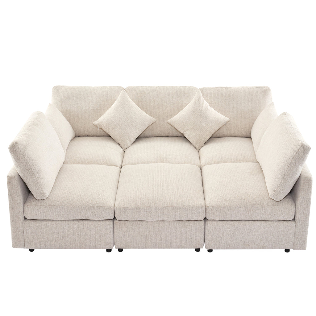 Beige Sectional Sofa Modular U-shaped with Ottoman & USB Ports, Chenille Fabric, 86.6'