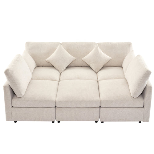 Beige Sectional Sofa Modular U-shaped with Ottoman & USB Ports, Chenille Fabric, 86.6'