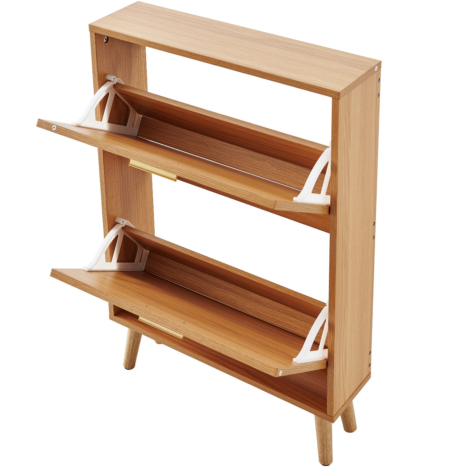 Light oak wooden shoe cabinet with two open flip-down compartments, white plastic brackets, and minimalist legs.