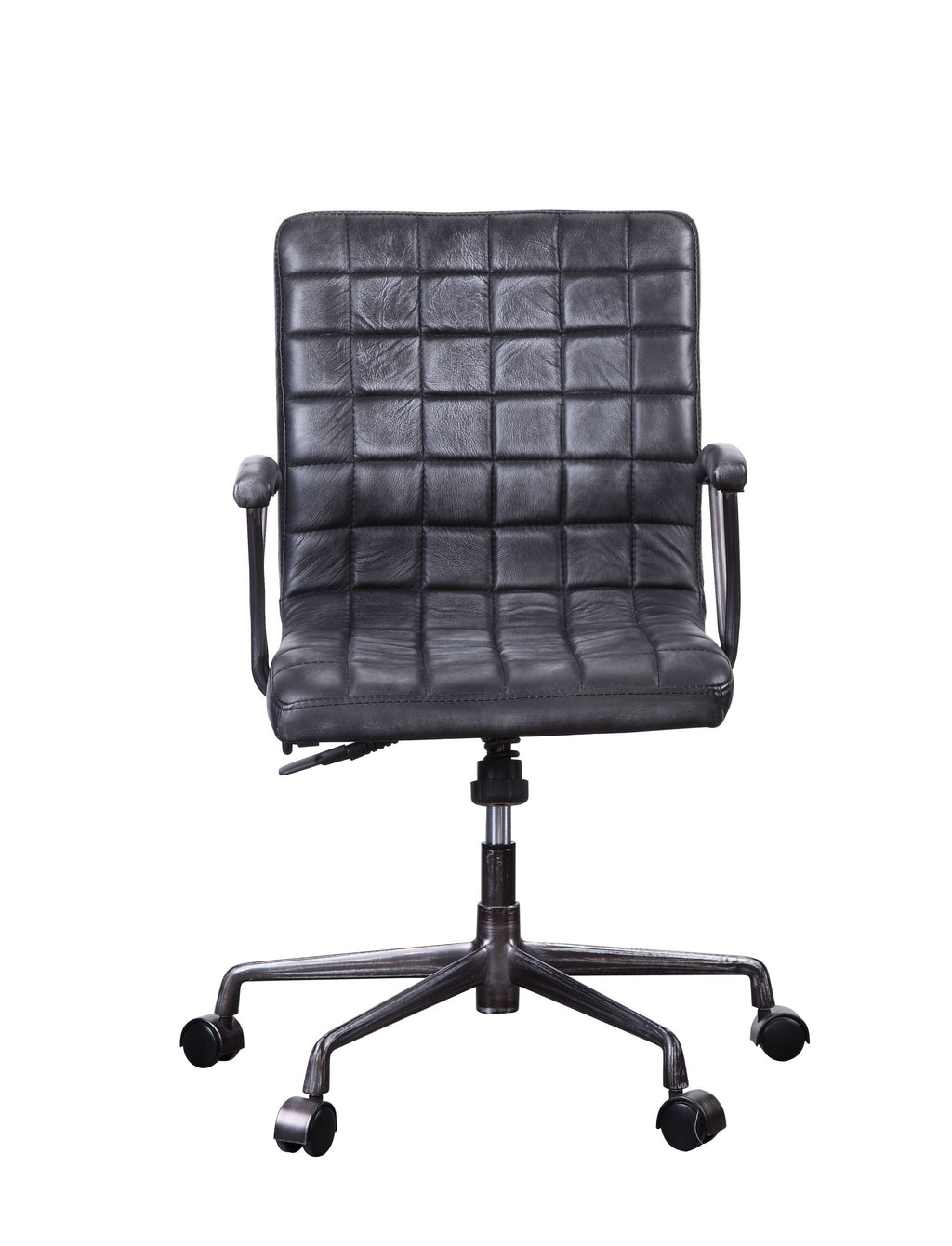 Barack Black Leather Chair - Office Seating front view with grid-stitched padding, ergonomic armrests, and durable swivel base.