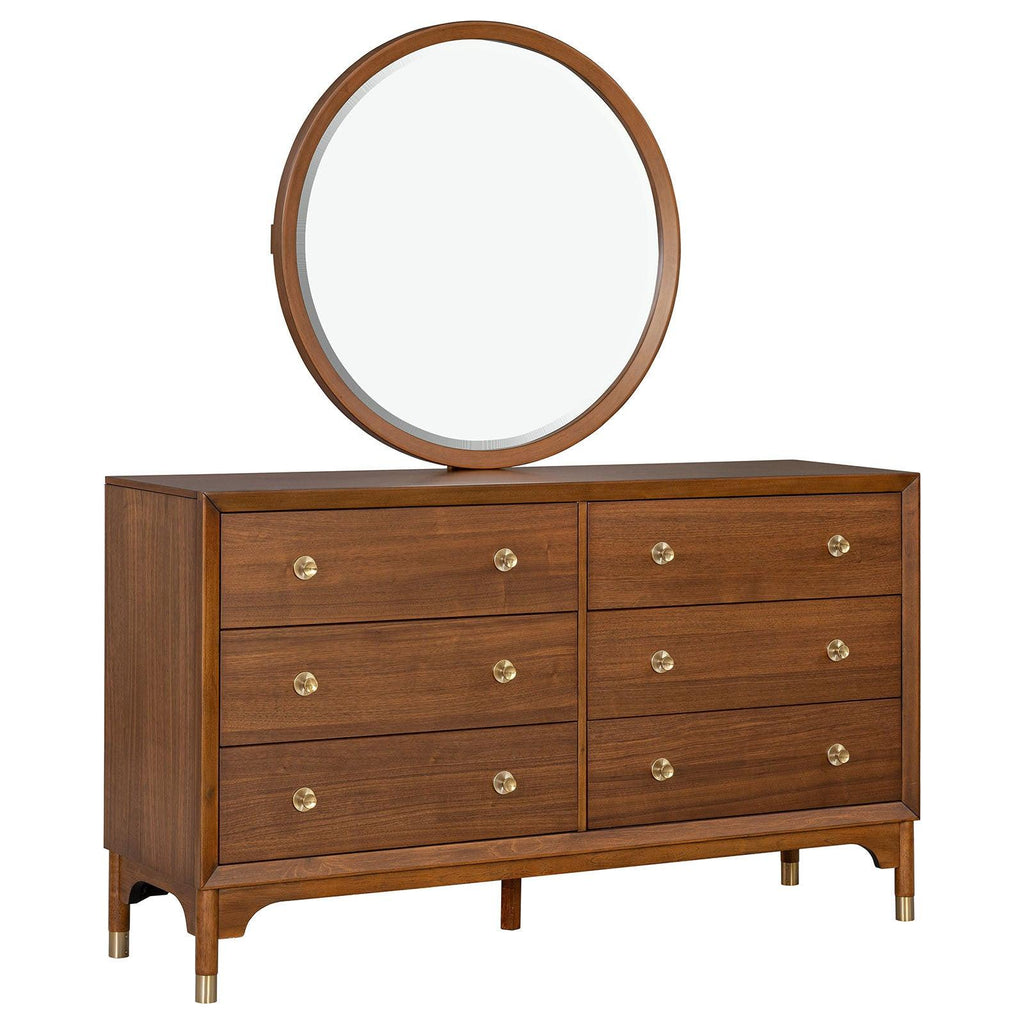 Walnut 6-Drawers Dresser with Gold-Capped Legs.