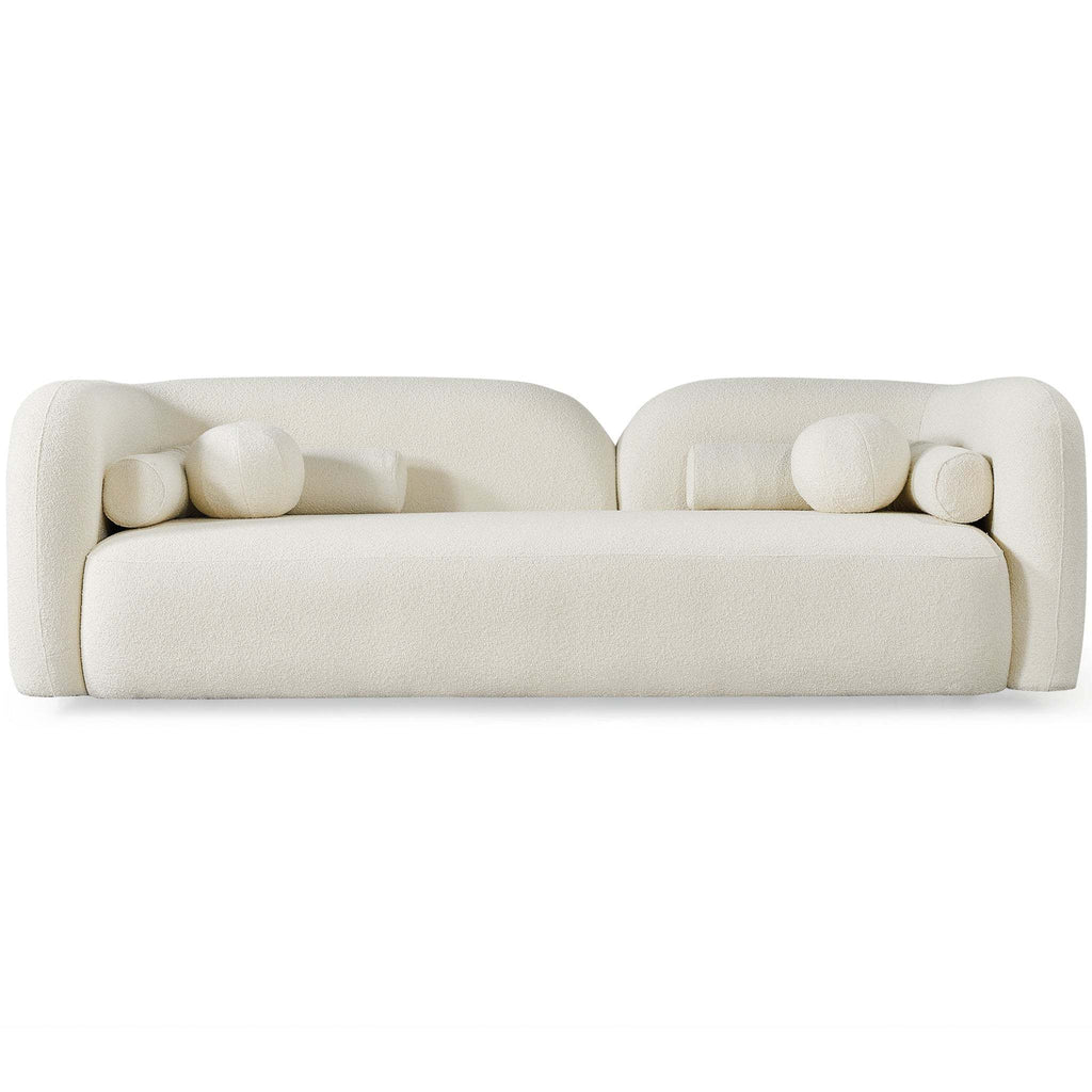 Cream 93-inch Japandi 3-seater sofa in textured boucle fabric, featuring a curved design with round accent pillows.