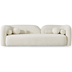 Cream 93-inch Japandi 3-seater sofa in textured boucle fabric, featuring a curved design with round accent pillows.